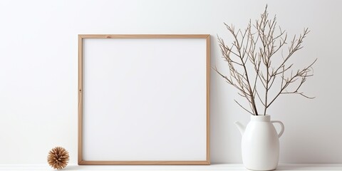 Scandinavian winter vibes with minimalist Christmas decor. Vase with pine tree branches on a table, framed art display on a blank wooden frame against a white wall.