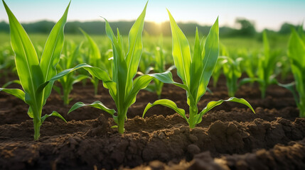 Rows of young corn plants growing on the field - obrazy, fototapety, plakaty