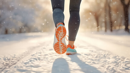 Back view of legs with sport shoes jogging in snow - Powered by Adobe