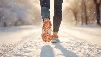 Gordijnen Back view of legs with sport shoes jogging in snow © pier