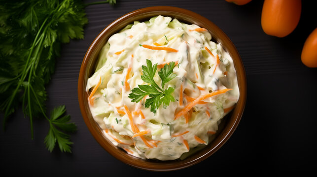Freshly shredded white cabbage and grated carrot coleslaw topped with homemade mayonnaise dressing, photographed from above