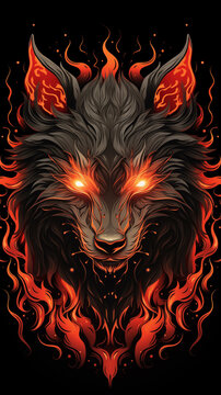 Close up of head of burning wolf with burning eyes, on black background, cartoon style