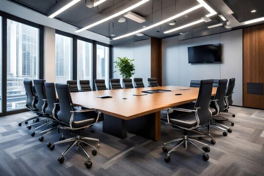 A high-tech conference room with state-of-the-art audiovisual equipment, a sleek conference table, and comfortable seating, facilitating seamless virtual and in-person meetings