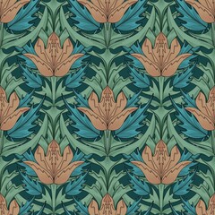 Seamless pattern of stylized flowers and leaves in art nouveau style on dark green background. For festive-looking wallpapers, wrapping paper, fabric, textile, clothing prints, scrapbooking etc.