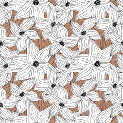 Seamless pattern from big abstract white flowers with black lines and stamens on beige background. For wallpapers, wrapping paper, fabric, textile, scrapbooking, any design ideas