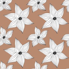 Seamless pattern from big abstract white flowers with black lines and stamens on beige background. For wallpapers, wrapping paper, fabric, textile, scrapbooking, any design ideas
