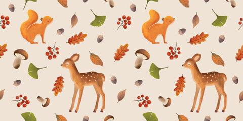 Woodland animals seamless pattern. Forest autumn pattern with leaves, mushroom, deer and squirrel. - 694335383