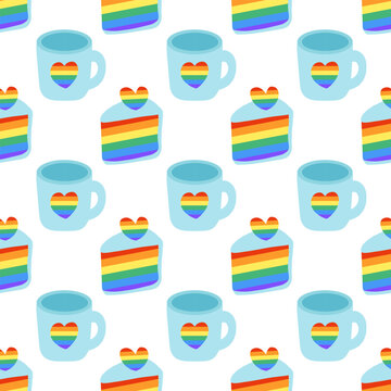 Seamless Pattern with LGBT Cute Cup with rainbow heart and Cake slice. LGBTQ background. Symbol of the LGBT pride community. Flat vector illustration.