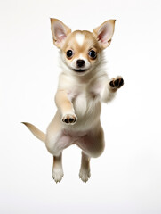 Fototapeta na wymiar Chihuahua puppy with happy face jumping pose isolated on white background created with Generative AI Technology 