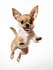 Chihuahua puppy with happy face jumping pose isolated on white background created with Generative AI Technology 