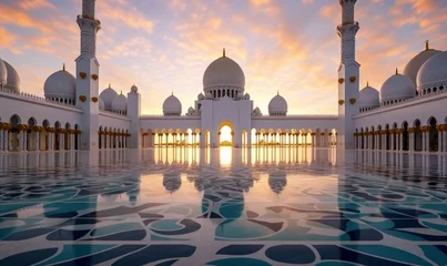 Foto op Plexiglas Abu Dhabi, UAE, Sheikh Zayed Grand Mosque in the Abu Dhabi, United Arab Emirates on a sunset view background. Generative AI  © The Picture Show