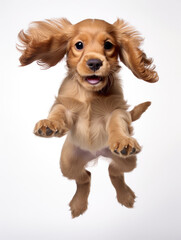 Cocker Spaniel puppy with happy face jumping pose isolated on white background created with Generative AI Technology