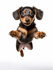Dachshund puppy with happy face jumping pose isolated on white background created with Generative AI Technology