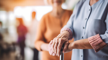 Les mains d'une personne âgée s'appuyant sur une canne, tenue par une aide-soignante dans une maison de retraite. - obrazy, fototapety, plakaty