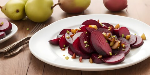 ROASTED BEETS AND PEARS with red and gold beets, shaved pear, frisee, sherry walnut vinaigrette in...