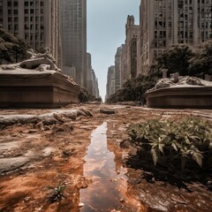 Postapocalyptic view of an abandoned city.