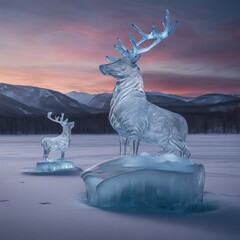 Frozen landscape with ice sculptures of animals.