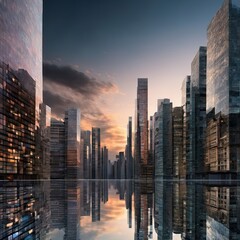Some giant skyscrapers standing in water.