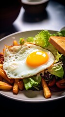 Plate filled with delicious fried eggs with bacon, french fries and vegetables with sauce and toast, delicious simple meal at home served on a black table, tasty lunchtime dish portrait 16:9 format