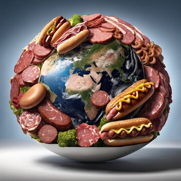 The planet Earth completely covered in meat.