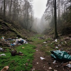 A depiction of a once-beautiful natural landscape now marred by heaps of trash.