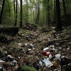 A depiction of a once-beautiful natural landscape now marred by heaps of trash.