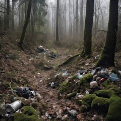 A depiction of a once-beautiful natural landscape now marred by heaps of trash.