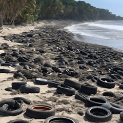A depiction of a once-beautiful natural landscape now marred by heaps of trash.
