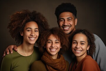Happy mulatto family with two adult daughters smiling happily, photograph in a photo studio on a dark background