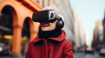 stylish old womam is wearing VR on the street 