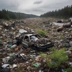 A close-up, detailed view of a landfill, with mountains of garbage extending as far as the eye can see