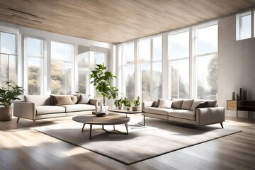 A modern living room with minimalist furniture, neutral tones, and large windows letting in natural light, creating a sleek and inviting space