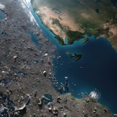 A view of Earth from space, heavily littered with human waste, showing landfills overflowing and oceans cluttered with plastic and garbage.