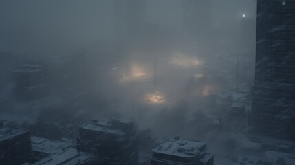Big city during intense snowstorm, fog and lights