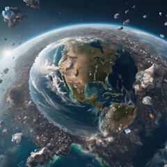 A view of Earth from space, heavily littered with human waste, showing landfills overflowing and oceans cluttered with plastic and garbage