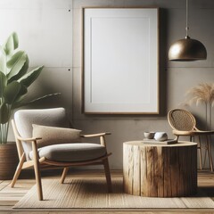 Lounge chair and a side table made of wood stumps with an empty mock-up frame; rustic minimalist interior design
