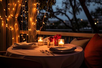 Romantic candlelit dinner for two with elegant table settings and a backdrop of soft fairy lights, intimate Valentine's Day celebration