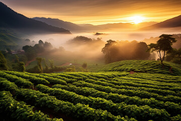 beautiful view of a coffee plantation misty morning sunrise