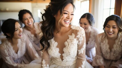 Bride getting ready with her bridesmaids, sharing joyful moments