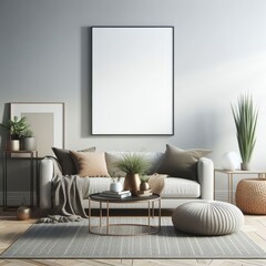 Contemporary modern home interior design, living room, empty blank mock-up frame on a solid gray wall.