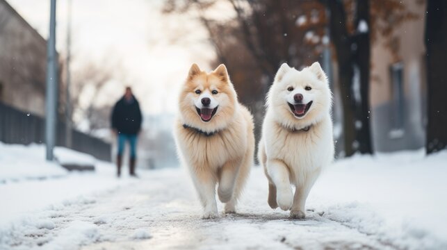 Photo of a walk of two dogs white and red huskies with their owner on a city street in winter