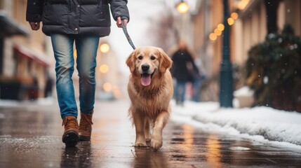 A photo of a golden retriever dog with its owner walking along a city street in winter