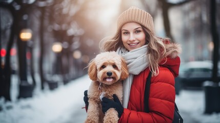 A photo of a beautiful woman and a small red dog on a city street in wintertime