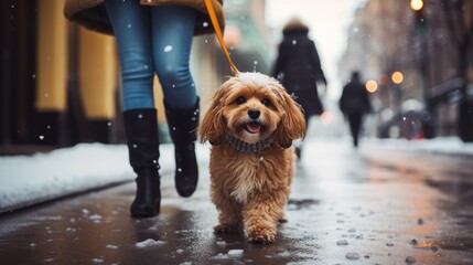 Photo of a cute little red dog on a walk with his owner on a city street in winter