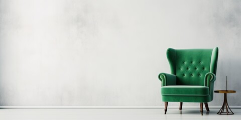 Vintage green armchair in minimalist white room.