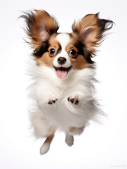 Fototapeta na wymiar Papillon puppy with happy funny face jumping pose isolated on white background created with Generative AI Technology 