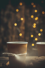 Paper cup with coffee and chocolate cookies on a beautiful background, holiday treats