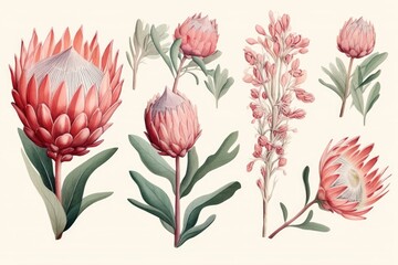  abstract clipart of protea flower. Pink protea. Set of exotic flowers on a creamy background. For wedding invitation cards scrapbooking posters planners, web, landing page, Generative AI  - obrazy, fototapety, plakaty