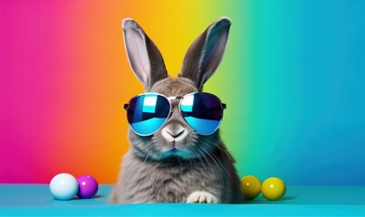 Cool bunny with sunglasses on colorful background. Generative AI  - obrazy, fototapety, plakaty