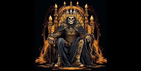  black and gold skeleton king sitting on king chair - Powered by Adobe